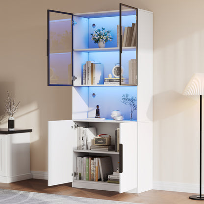 Moderne Vitrine Weiß 80x30x200cm - Glasschrank mit LED-Beleuchtung, Einstellbare Helligkeit & Farbtemperatur, Bücherregal für Sammlerstücke, weiß