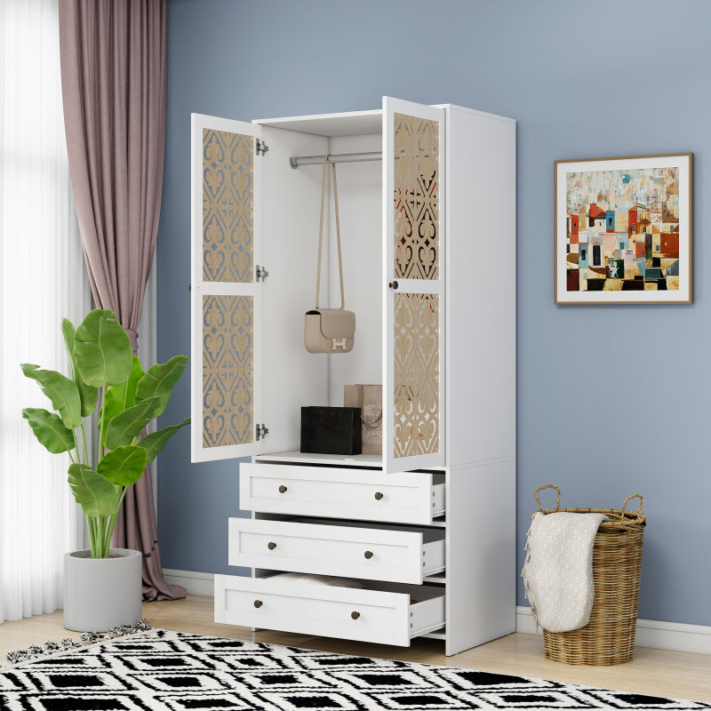 Weißer Aufbewahrungsschrank mit Schnitzmuster – Boho-Garderobenschrank mit Rattangeflecht, 3 Schubladen und Kleiderstange aus Aluminiumlegierung – ideal für Wohnzimmer, Schlafzimmer, Büro oder Arbeits