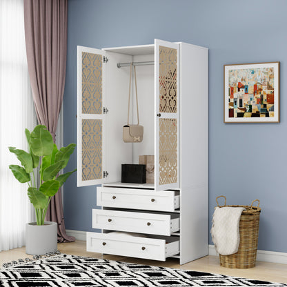 Weißer Aufbewahrungsschrank mit Schnitzmuster – Boho-Garderobenschrank mit Rattangeflecht, 3 Schubladen und Kleiderstange aus Aluminiumlegierung – ideal für Wohnzimmer, Schlafzimmer, Büro oder Arbeits