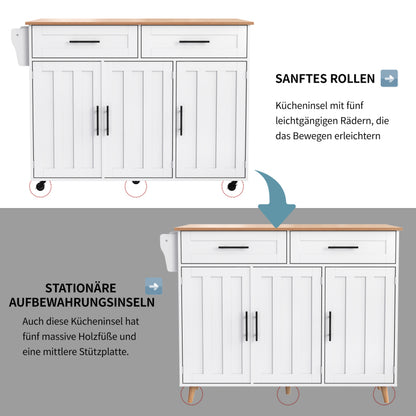 129x46(71)x91,5 cm großer Speisewagen/Sideboard, Arbeitsplatte mit Massivholzmaserung + Weiß Schrank/faltbare Arbeitsplatte/Aufbewahrungstür-Design/Räder/Massivholzfüße umschaltbar/für Zuhause geeig