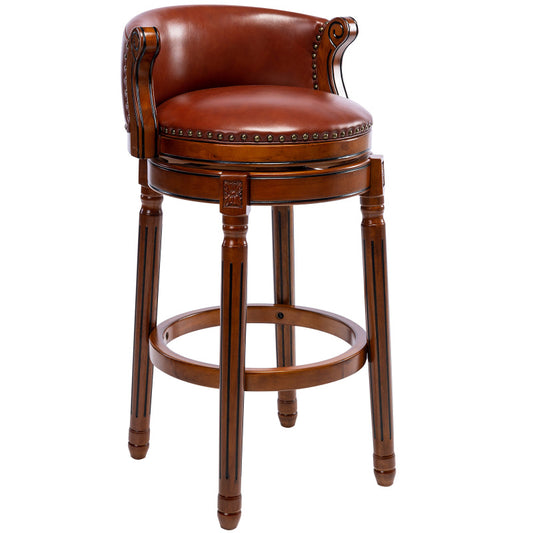Barhocker aus Holz mit Kuhfell-Obermaterial, 360-Grad-Drehstuhl in Barhöhe mit Rückenlehne, Brown+Seat height 65cm