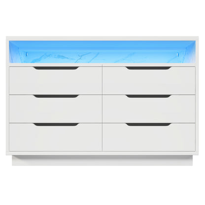 Sideboard, Kommode mit LED-Beleuchtung und 6 Schubladen, Staufach mit Marmorkorn, Moderner Schrank für Wohnzimmer und Schlafzimmer, 120x40x85cm, Weiß