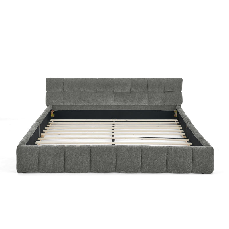 Doppelbett 160x200 cm mit Chenille Bezug Eukalyptusholz Eisenrahmen Dark Gray (ohne Matratze)