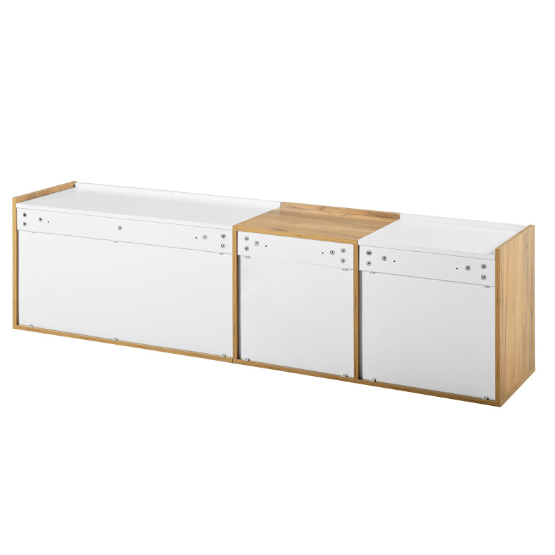 TV-Schrank, niedriges Paneel in Weiß und Holzfarben, TV-Möbel, die an die Wand gehängt oder auf den Boden gestellt werden können
