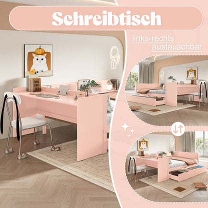 Flachbett, Holzbett, 140x200cm, mit Schreibtisch, ausgestattet mit 2 Schubladen, Doppelbett(Ohne Matratze), mit Regalen, Kiefer + Spanplatte, Rosa