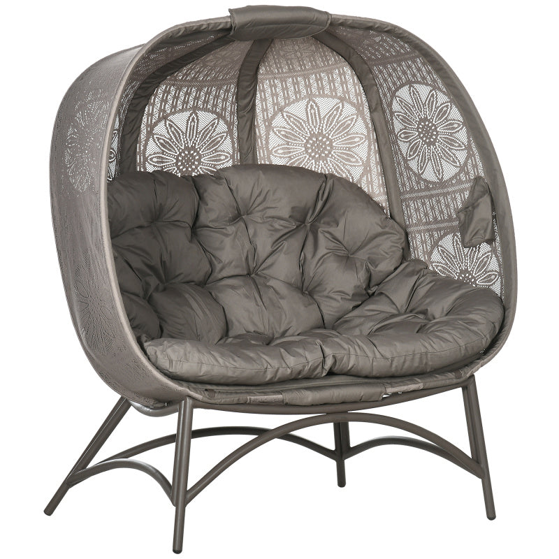 Gartenstuhl 2-Sitzer Papasansessel mit Faltbarem Korb und Kissen, Loungesessel für Balkon und Terrasse, Stahl in Sand, 126 x 75 x 142 cm