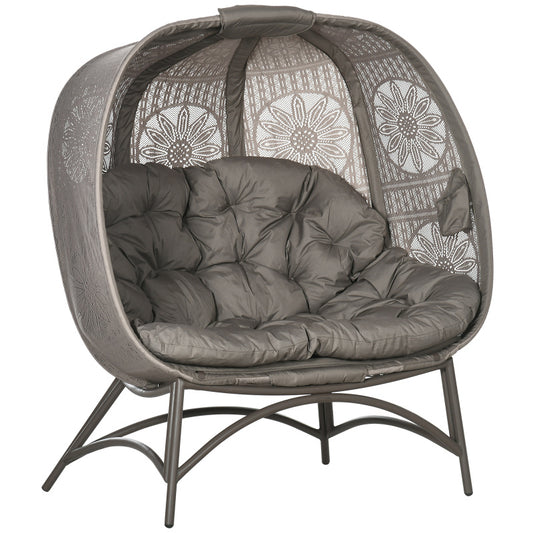 Gartenstuhl 2-Sitzer Papasansessel mit Faltbarem Korb und Kissen, Loungesessel für Balkon und Terrasse, Stahl in Sand, 126 x 75 x 142 cm