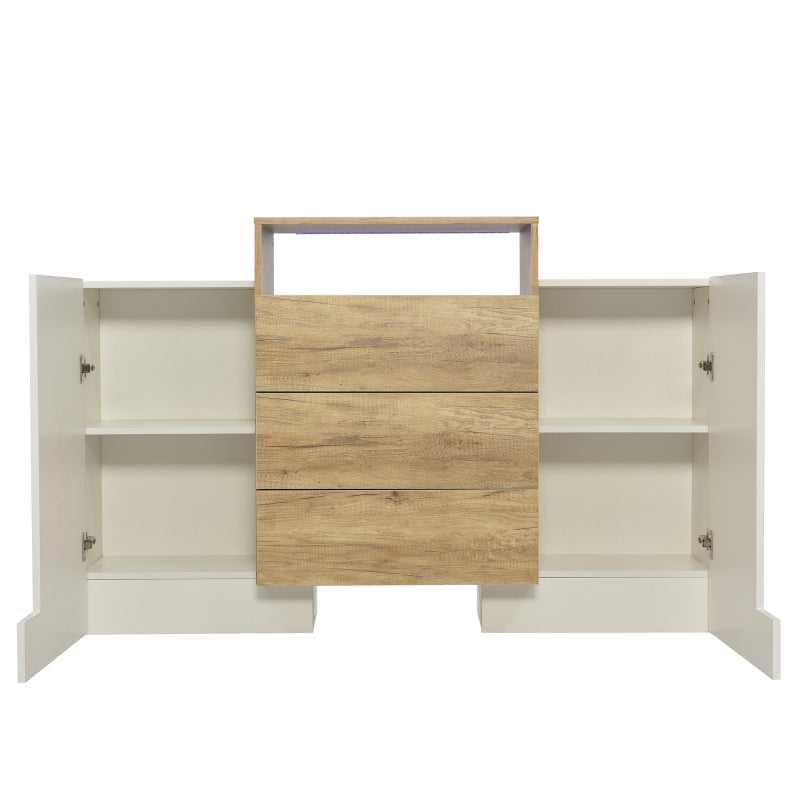 Sideboard, Moderner Kommode, Schrank 140cm, Hochglanz-Weiß und Holzfarbe, Mehrfarbige LED-Lichteffekte. Stilvolle Aufbewahrungslösung (Teilweise glänzende Oberfläche)