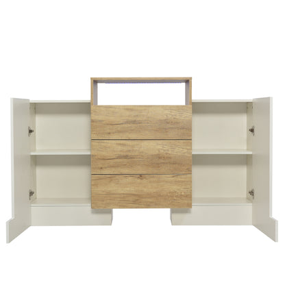 Sideboard, Moderner Kommode, Schrank 140cm, Hochglanz-Weiß und Holzfarbe, Mehrfarbige LED-Lichteffekte. Stilvolle Aufbewahrungslösung (Teilweise glänzende Oberfläche)