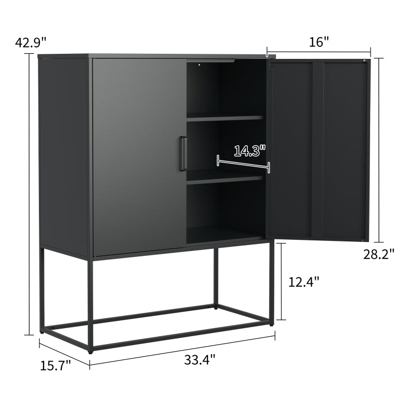 Metall-Sideboard,Lagerschrank– 2 Regale, freistehender Stahlschrank, Magnettüren, Anti-Kipp-Sicherung, Wohnzimmer, Küche, Büro, Schwarz, H 109 cm × B 85 cm × T 40 cm