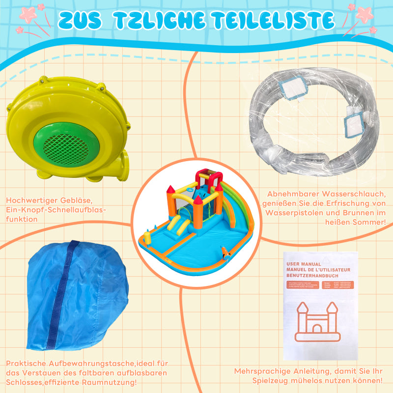 [Multifunktionale Outdoor-Hüpfburg] Mit Gebläse, Wasserrutsche + Trampolin + Basketballkorb + Wasserpistole, 2 Poolbereiche, 1 große und 1 kleine Rutsche, für trockene und nasse Nutzung, ein Wasserpar