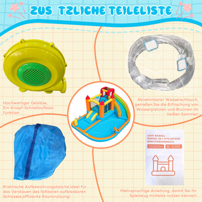 [Multifunktionale Outdoor-Hüpfburg] Mit Gebläse, Wasserrutsche + Trampolin + Basketballkorb + Wasserpistole, 2 Poolbereiche, 1 große und 1 kleine Rutsche, für trockene und nasse Nutzung, ein Wasserpar