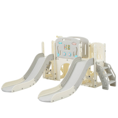 Kinderspielplatz-Set 8-in-1, Freistehendes Meerestier-Motiv-Set mit Rutsche, Bogentunnel, Basketballkorb und Teleskop, Doppelte Rutschen für Kleinkinder, Klettergerüst für Kinder