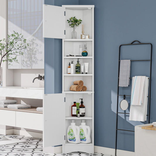 36.5 x 24.5 x 170cmDreieckiger Badezimmerschrank, feuchtigkeitsbeständiger Lack, drei offene Ablagefächer, Doppeltüren, verstellbare Einlegeböden, platzsparend, weiß