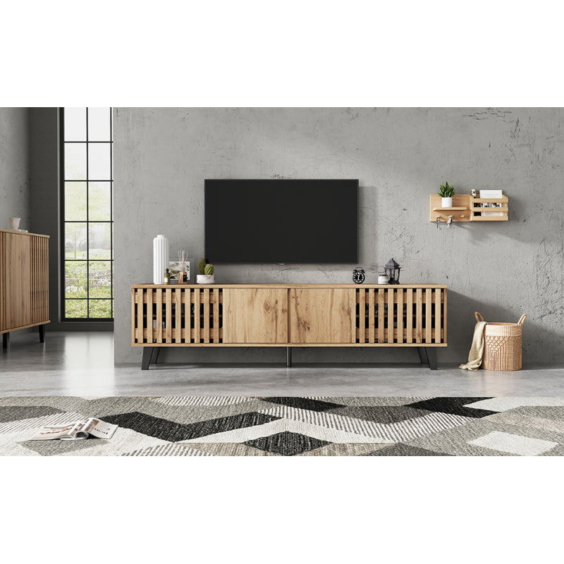 180 x 40 x 55 cm TV-Schrank, Lowboards  in Originalholzfarbe, 8 separate Ablagefächer, TV-Ständer, TV-Konsolen-Entertainment-Center passend für 70-Zoll-Fernseher, geeignet für Wohnzimmer