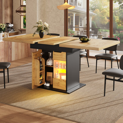 Ausziehbarer Esstisch 110-140x80cm mit LED-App-Steuerung & USB, Küchentisch Schwarz/Natur mit Glas-Schranktüren & Snackregal