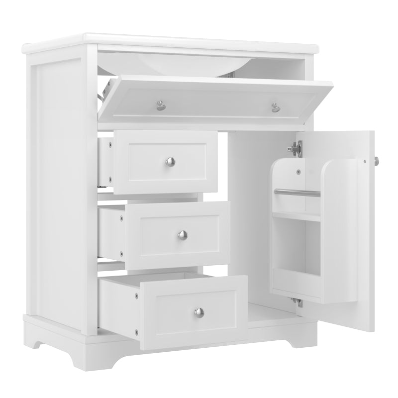76x46x87cm Bodenstehender Badezimmerschrank mit Waschbeck, Waschtisch,Sprühlackierverfahren,Drei Soft-Close-Schubladen,Türregale,ausklappbare Schublade,integriertes Keramikwaschbecken,Weiß