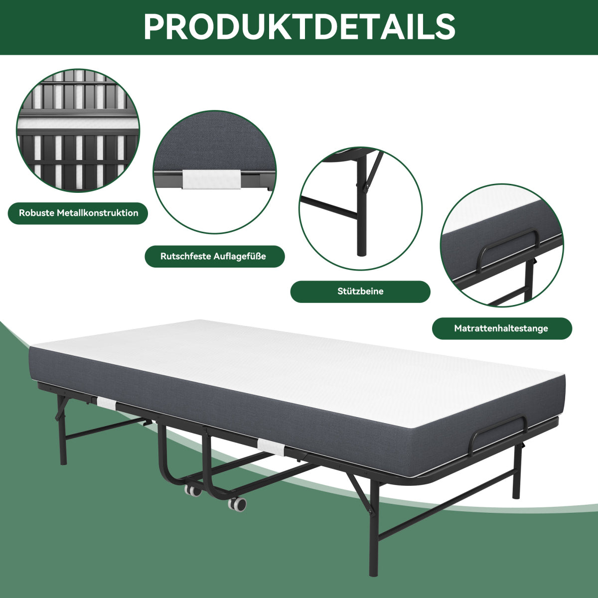 190 × 96 cm Klapp-Twin-Bett mit 9,5 cm Memory-Foam-Matratze, tragbares Gästebett/Rollbett, stabiler Metallrahmen