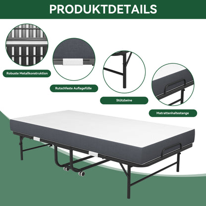 190 × 96 cm Klapp-Twin-Bett mit 9,5 cm Memory-Foam-Matratze, tragbares Gästebett/Rollbett, stabiler Metallrahmen