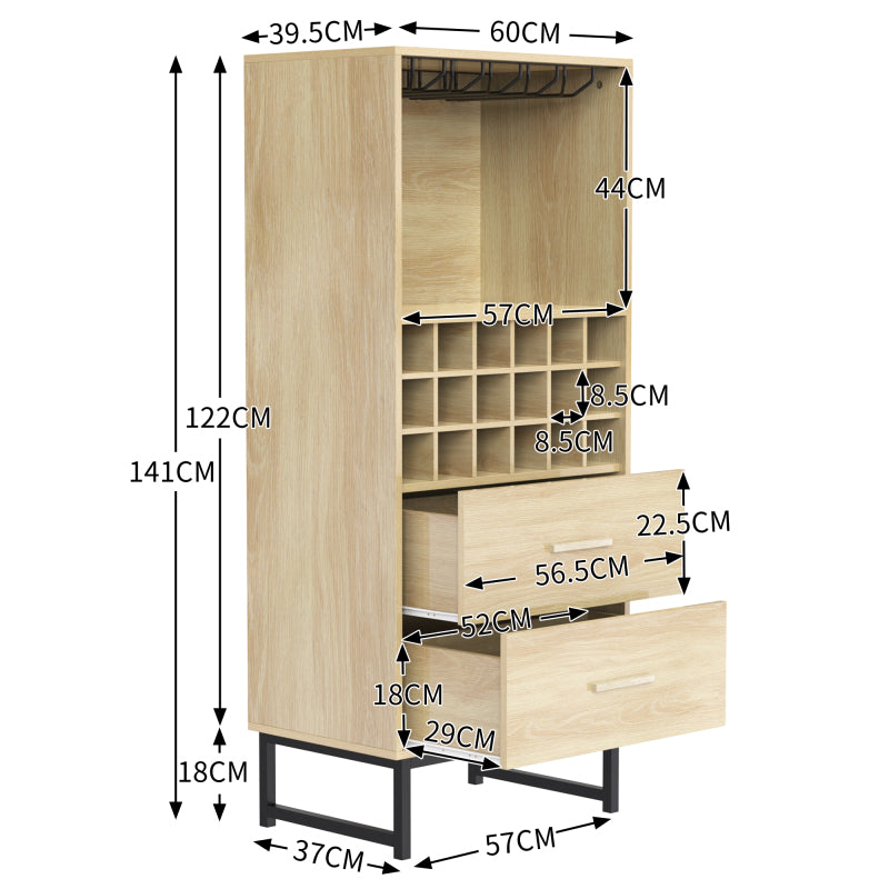 Sideboard, Stilvoller Weinschrank mit zwei Schubladen, 18 Fächern und Gläserhalterung – Mattschwarze Metallfüße – Perfekt für Weinliebhaber