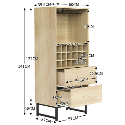 Sideboard, Stilvoller Weinschrank mit zwei Schubladen, 18 Fächern und Gläserhalterung – Mattschwarze Metallfüße – Perfekt für Weinliebhaber