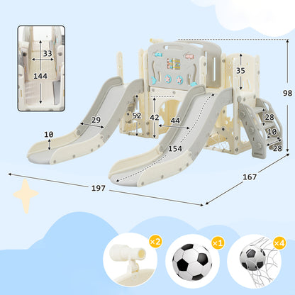 Kinderspielplatz-Set 8-in-1, Freistehendes Meerestier-Motiv-Set mit Rutsche, Bogentunnel, Basketballkorb und Teleskop, Doppelte Rutschen für Kleinkinder, Klettergerüst für Kinder