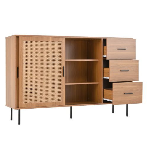 Sideboard 140 cm Natur, Kommode mit Rattan-Schiebetüren