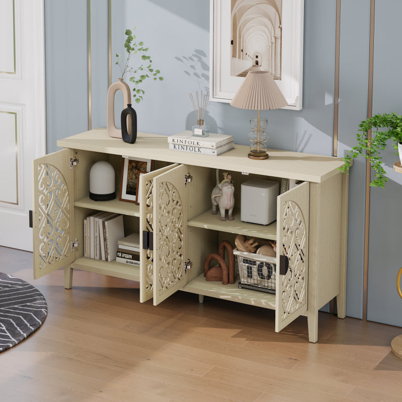 Natürliches Holzfarbener vier Türen Sideboard, mit geschnitztem und durchbrochenem Design, ausgestattet mit drei Einlegeböden. Geeignet für Wohnzimmer, Flur, Esszimmer und Küche.(147.6x40x80cm)