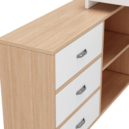Schlichter Schreibtisch, Büro Schreibtisch, drei Schubladen, zwei offene Ablagefächer, stabile Tragfähigkeit, natur