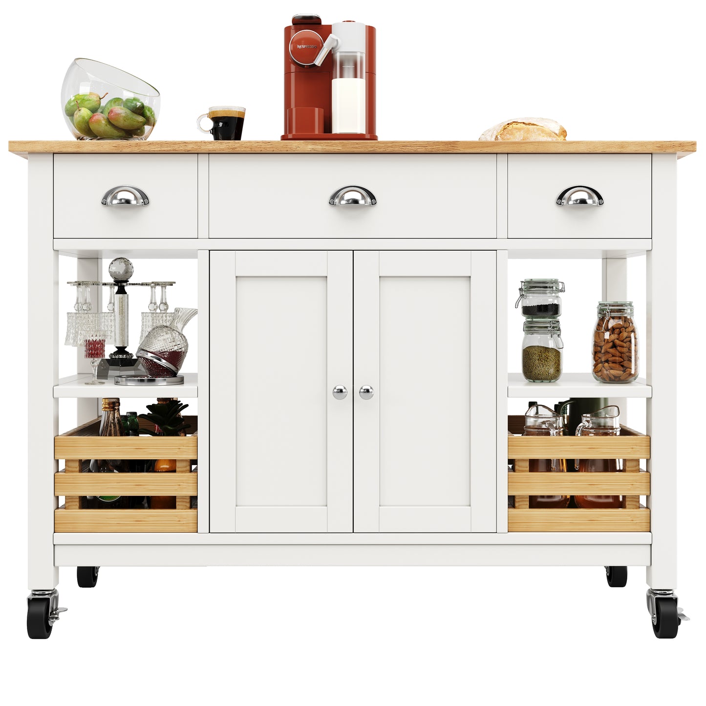 Moderne Kücheninsel Küchenschrank 120x45x90cm Esszimmerwagen mit Kiefernkorb Multifunktions Esstisch Holzmaserung Aufbewahrungskorb Weiß