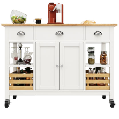 Moderne Kücheninsel Küchenschrank 120x45x90cm Esszimmerwagen mit Kiefernkorb Multifunktions Esstisch Holzmaserung Aufbewahrungskorb Weiß