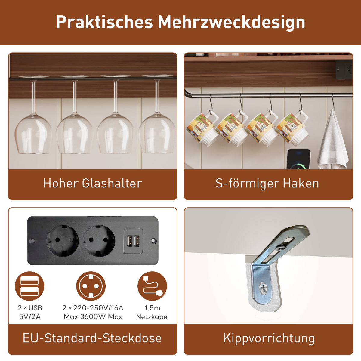 Kaffeebar 120 cm mit Gläserhalter & Steckdosen, Sideboard im Landhausstil mit Schiebetüren – Weiß/Natur