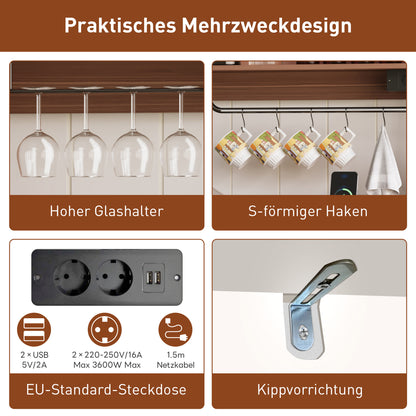 Kaffeebar 120 cm mit Gläserhalter & Steckdosen, Sideboard im Landhausstil mit Schiebetüren – Weiß/Natur