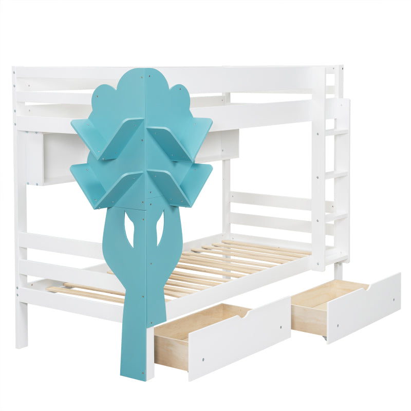 Etagenbett, Kreatives Kinderbett, Bücherregal in Baumform, Offenes Regal, Zwei Schubladen mit Rollen, Mit Fallschutzgitter, Reichlich Stauraum, Kiefer+MDF, Weiß+Blau, 90x200cm