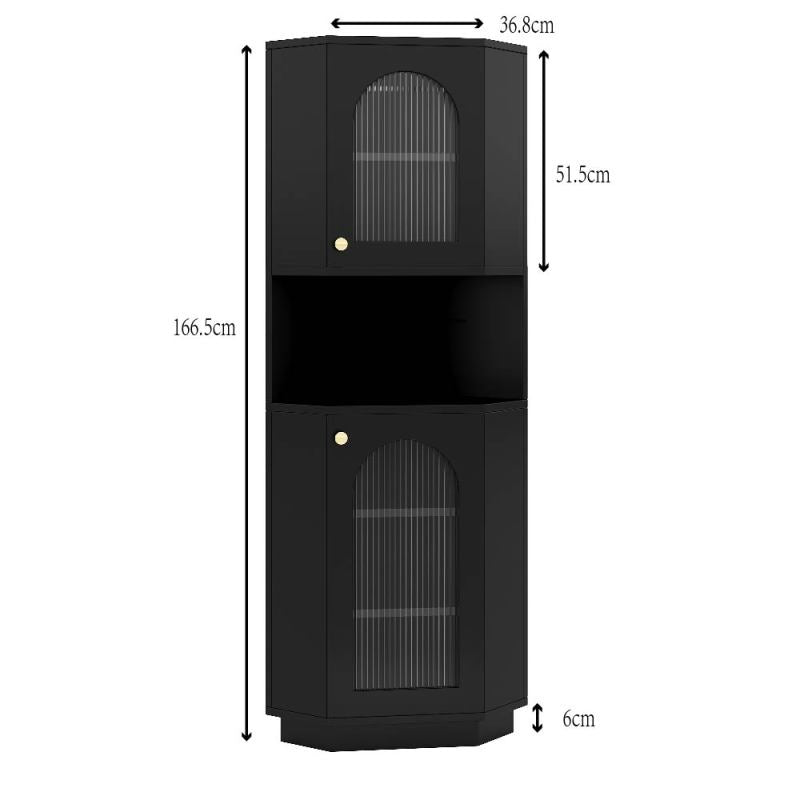 Badschrank mit Lichtleiste, Badmöbel, Eckschrank mit zwei Ablagefächern, offenes Fach mit verstellbaren Einlegeböden, 45x 45 x 166,5 cm, schwarz