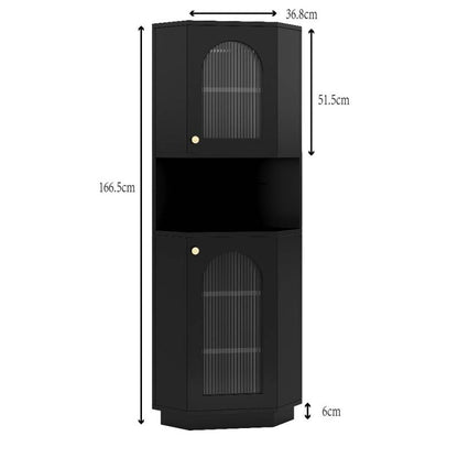 Badschrank mit Lichtleiste, Badmöbel, Eckschrank mit zwei Ablagefächern, offenes Fach mit verstellbaren Einlegeböden, 45x 45 x 166,5 cm, schwarz