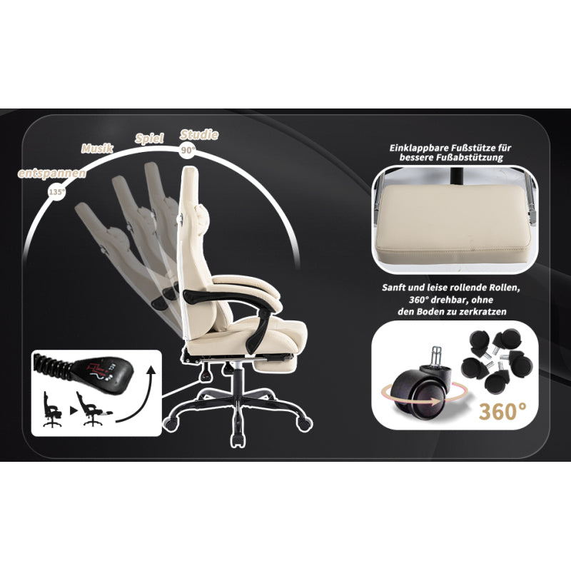 Gaming Stuhl Computerstuhl Ergonomischer Gaming Chair mit Fußstütze Bürostuhl Ergonomischer Computerstuhl mit Lendenwirbelstütze Beige