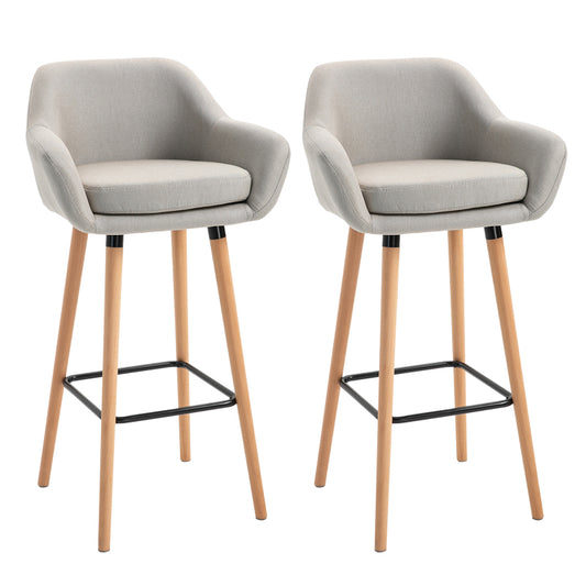 Barhocker 2er-Set bequeme Küchenhocker aus Leinen mit Sitzkissen und Fußstützen, Bistrohocker mit Buchenholzbeinen in Beige