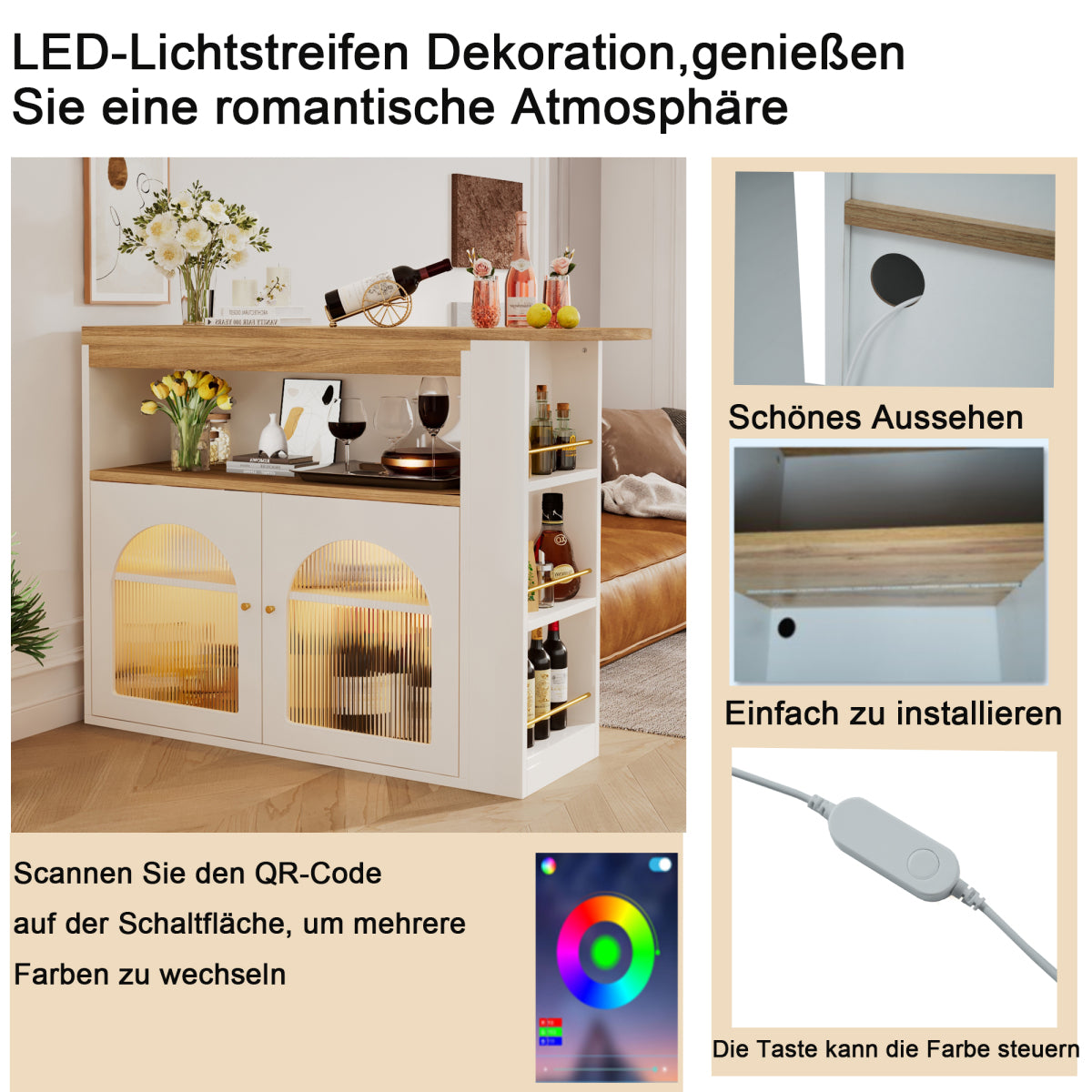 Bartisch ausziehbar 138-193cm, 360° drehbarer Stehtisch mit LED & Glasfront, Bistrotisch mit Regal, Esstisch mit Stauraum, Weiß