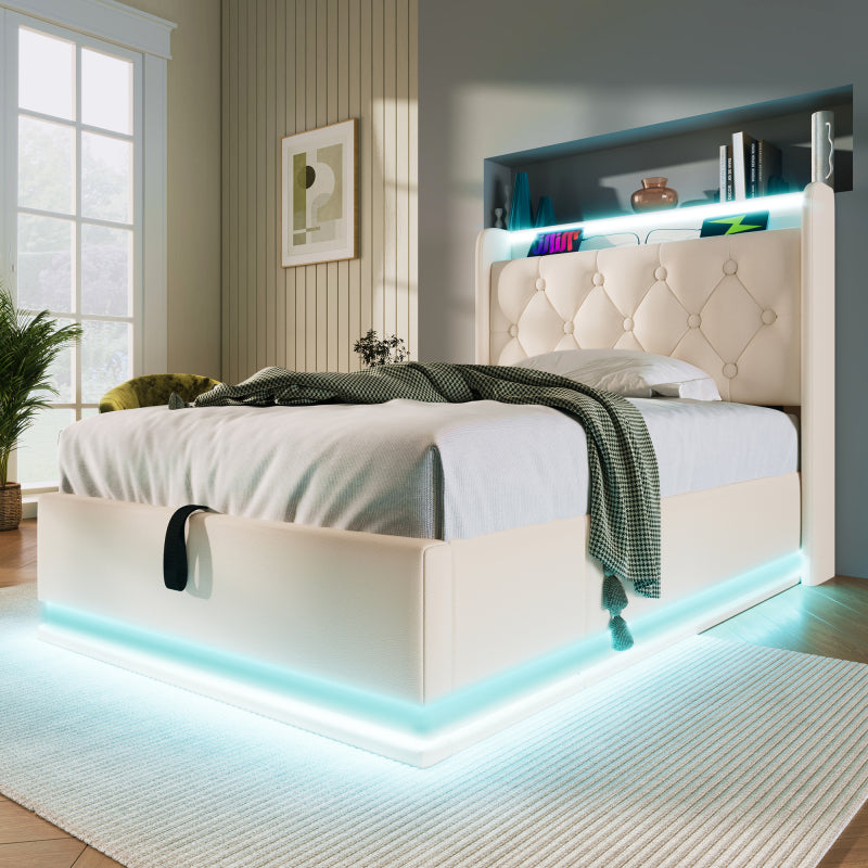 Polsterbett einzelbett, 360-Surround-LED-Funktion, Drucktaste/App/Fernbedienung, 90*200 cm, weiß PU-Material Hydraulisches Lagerbett, gepolstertes Kopfteil mit USB Typ-C Ladefunktion (Mit Matratze)