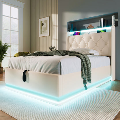 Polsterbett einzelbett, 360-Surround-LED-Funktion, Drucktaste/App/Fernbedienung, 90*200 cm, weiß PU-Material Hydraulisches Lagerbett, gepolstertes Kopfteil mit USB Typ-C Ladefunktion (Mit Matratze)