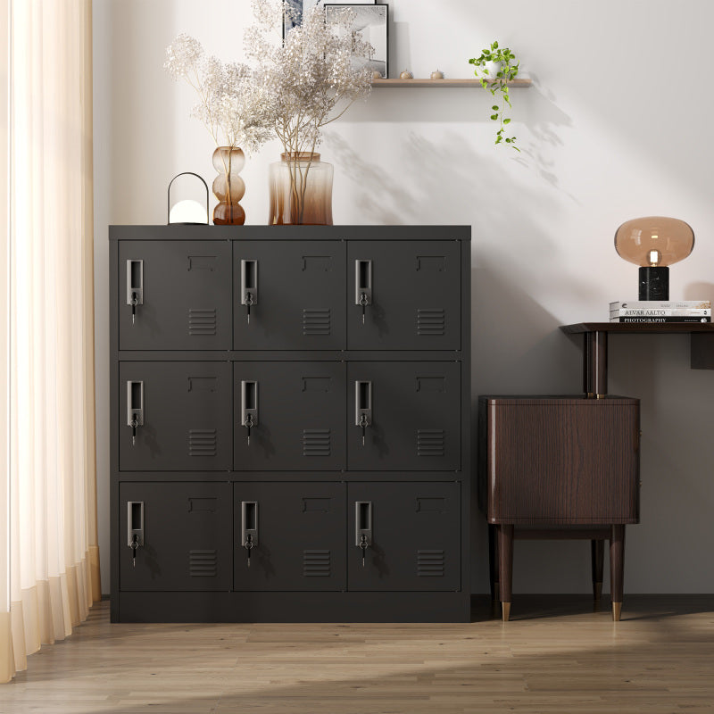 9-Türige Metall-Schränke für Büro, Fitnessstudio, Schule & Zuhause - Sicherer Aufbewahrungsschrank mit Kartenfach (Schwarz), H 100 cm × B 90 cm × T 40 cm