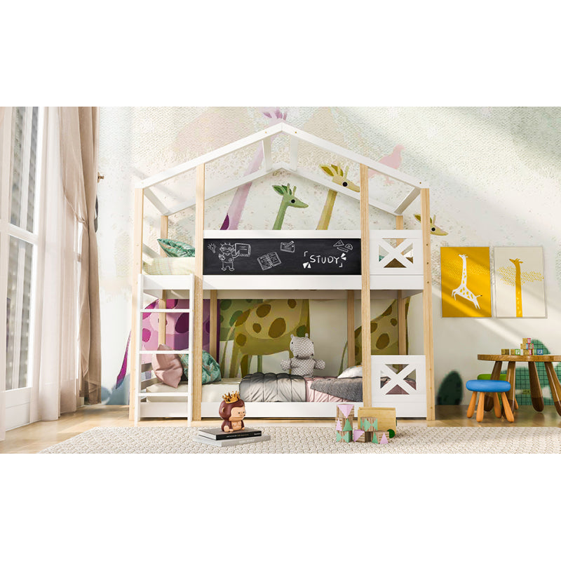 Kinderbett Baumhaus mit Rutsche & Leiter 90 x 200 cm, Hochbett für Kinder– 2x Lattenrost- Natur & Weiß