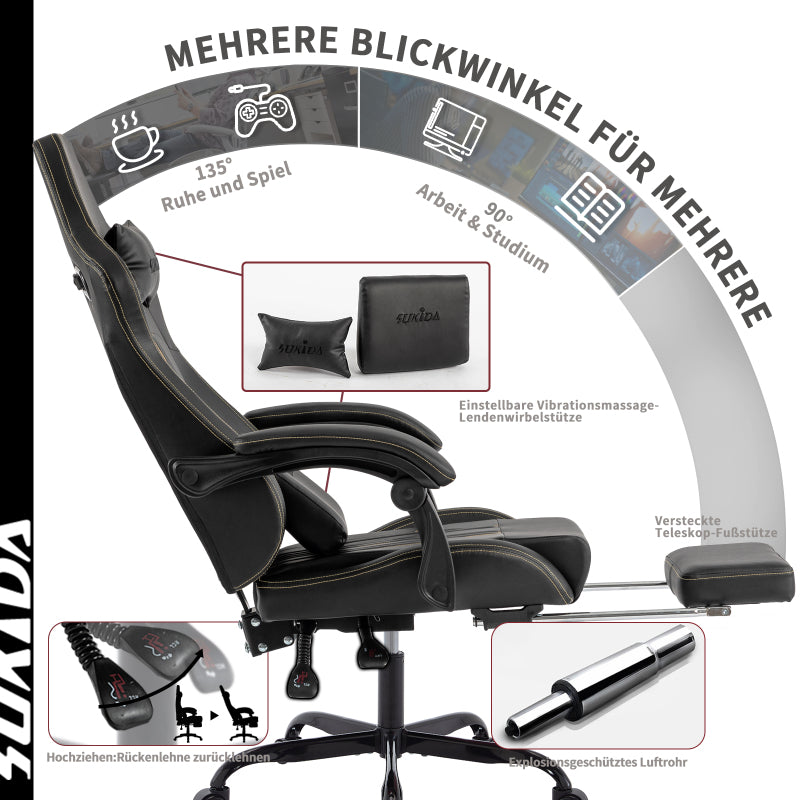 Gaming Stuhl Computerstuhl Ergonomischer Gaming Chair mit Fußstütze Bürostuhl Ergonomischer Computerstuhl mit Lendenwirbelstütze Schwarz