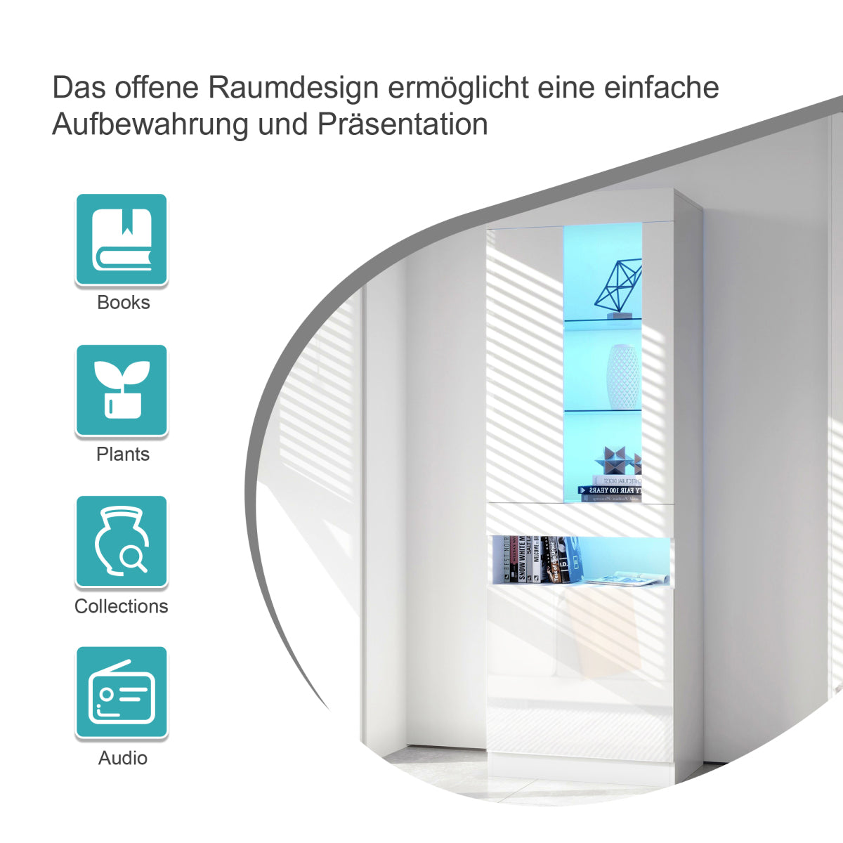 Schwarze LED-Vitrine mit 2 Glastüren - Standvitrine inkl. Beleuchtung, Freistehender Schrank für Wohnzimmer, Buffetschrank & Sammlervitrine, Weiß