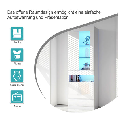 Schwarze LED-Vitrine mit 2 Glastüren - Standvitrine inkl. Beleuchtung, Freistehender Schrank für Wohnzimmer, Buffetschrank & Sammlervitrine, Weiß