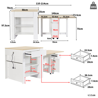 Ausziehbarer Bartisch mit Stauraum(110-124×78×97.5cm), für 2-6 Personen, Kücheninseln mit 2 Schubladen, 2 seitliche offene Regale und eingebaute Steckdose,Tischplatte aus weiß marmoriertem MDF,Weiß