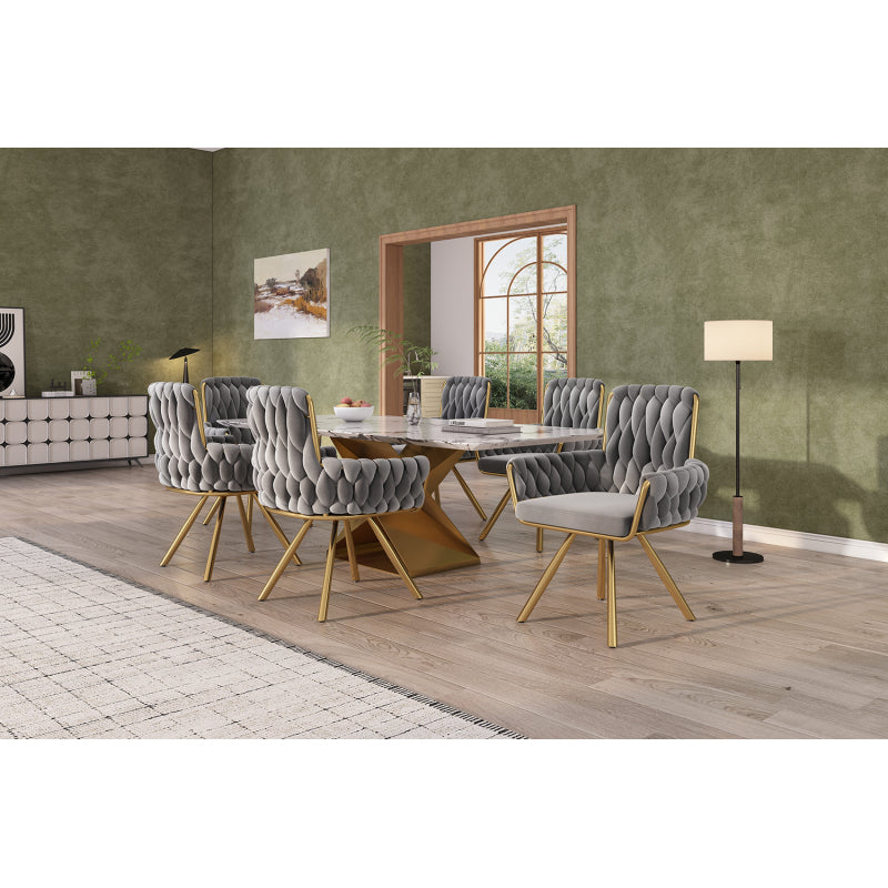 Samt-Esszimmerstuhl, 4er set, Sessel, einzelner luxuriöser Wohn- und Schlafzimmer-Drehstuhl, Freizeit-Drehstuhl mit vier Stützbeinen aus Metall, grau