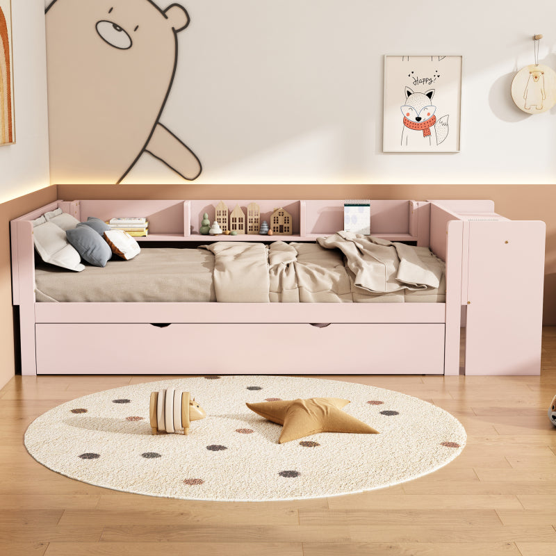 90*200cm, Flachbett, mit ausziehbarem Bett, mit Schreibtisch, drei Regale an der Seite des Bettes, Rosa