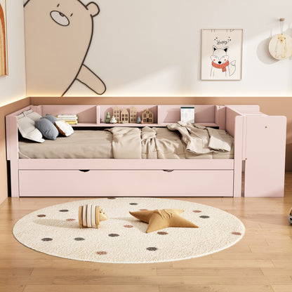 90*200cm, Flachbett, mit ausziehbarem Bett, mit Schreibtisch, drei Regale an der Seite des Bettes, Rosa